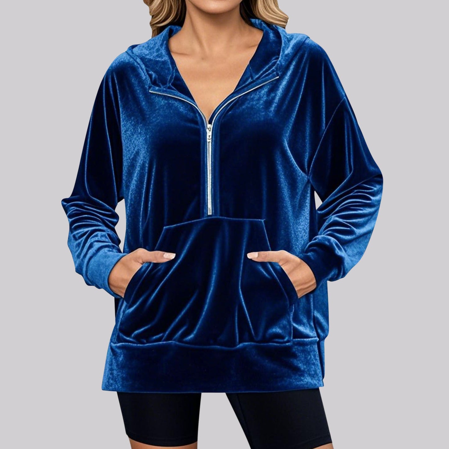 Loose Long Sleeve Zipper Pocket Pleuche Top for Women