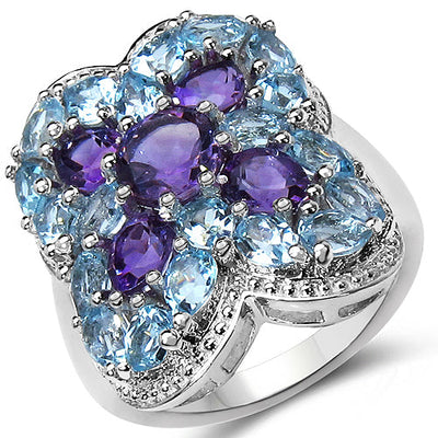 5.53 Carat Genuine Amethyst & Blue Topaz Sterling Silver Ring