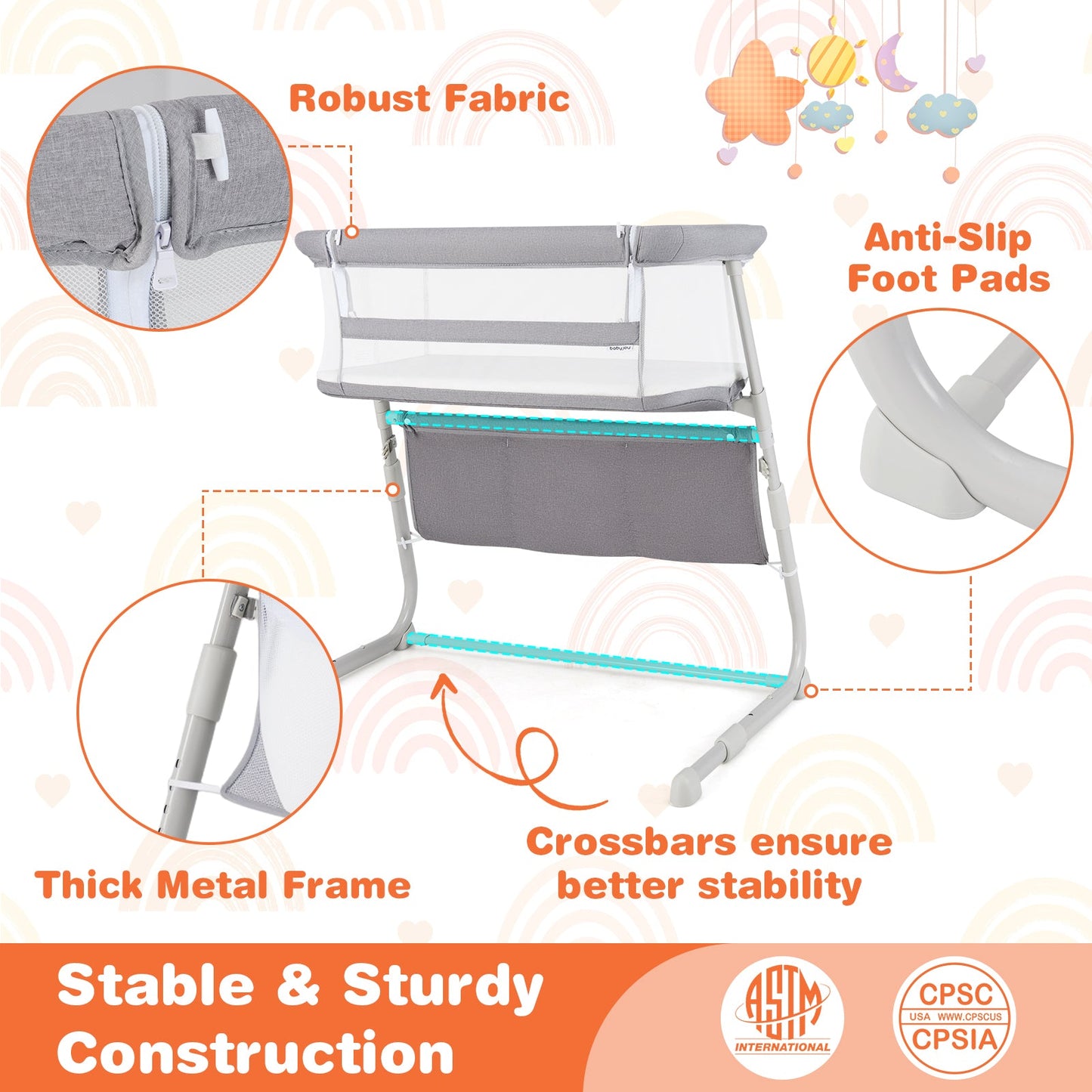 Cuna de Lado Ajustable para Bebés - Gris