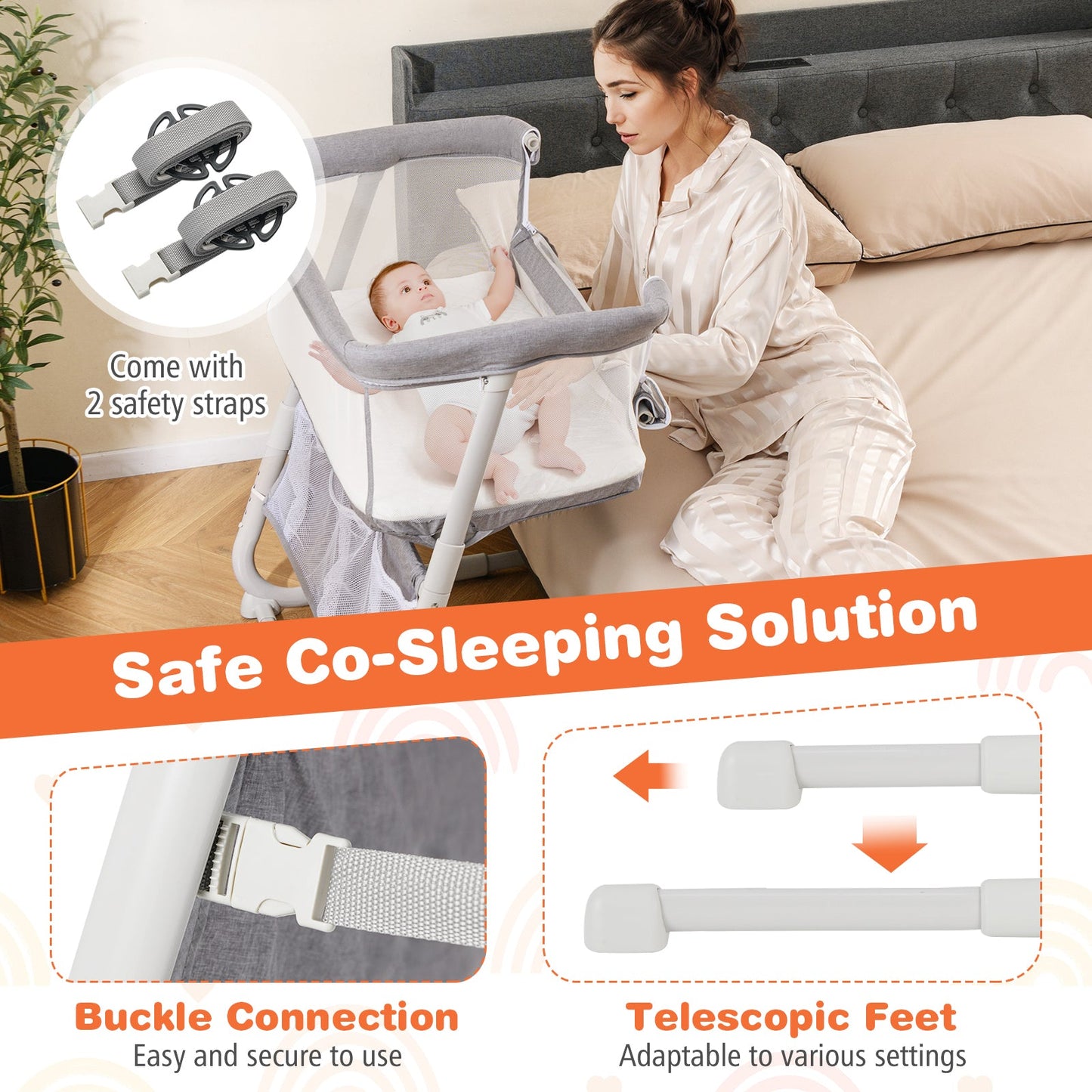 Cuna de Lado Ajustable para Bebés - Gris
