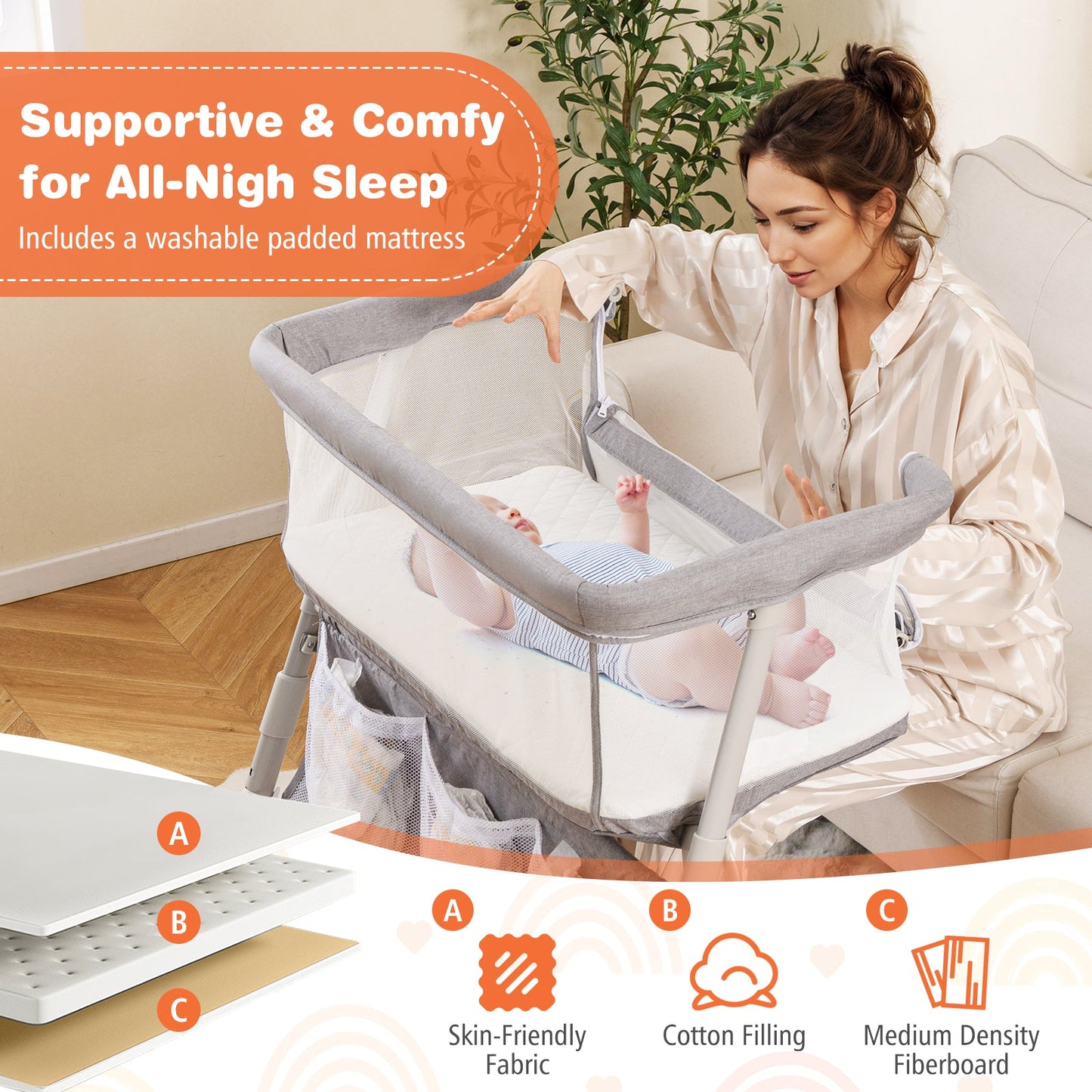 Cuna de Lado Ajustable para Bebés - Gris