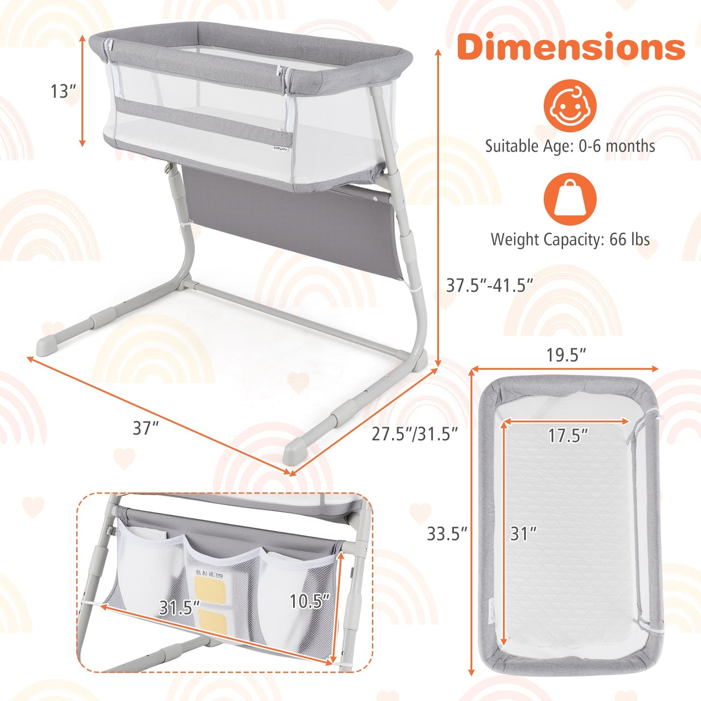 Cuna de Lado Ajustable para Bebés - Gris