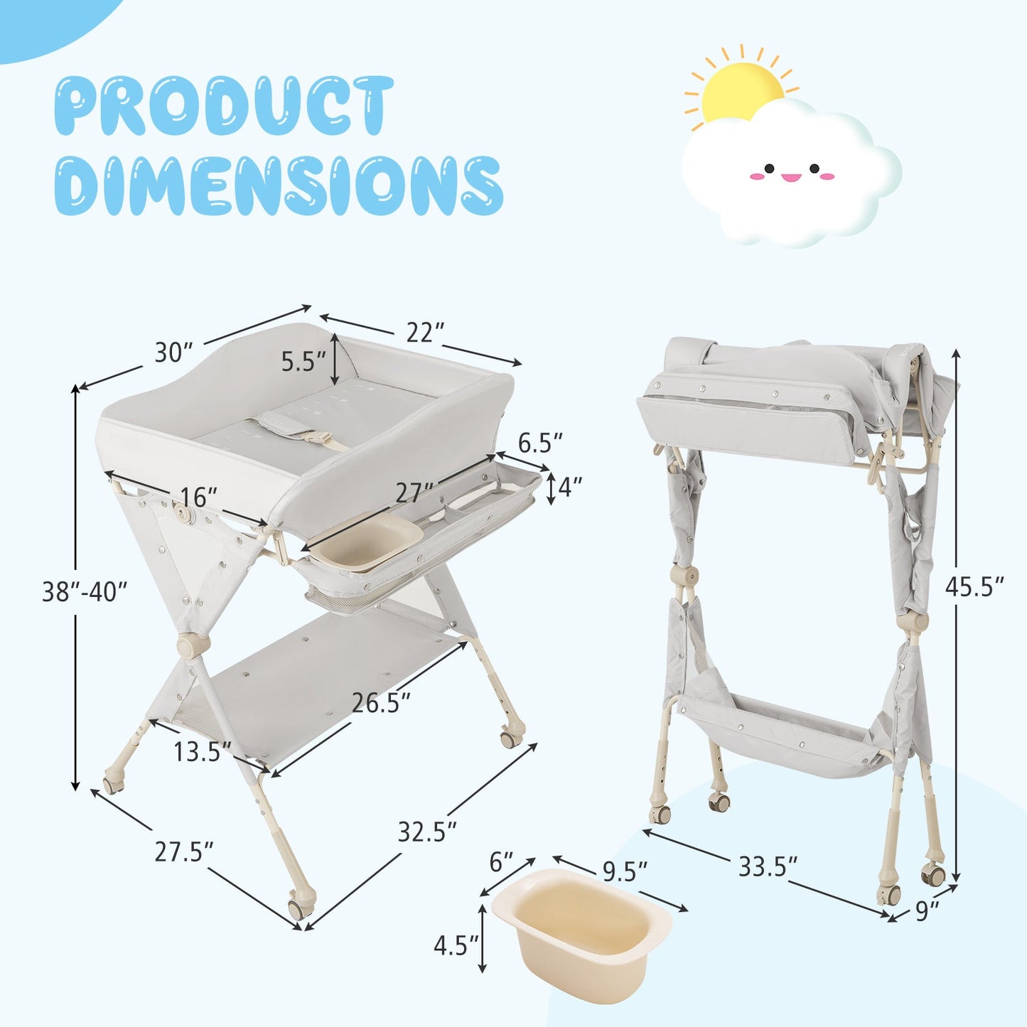 Premium Baby Diaper Changing Table with Water Basin - Gray