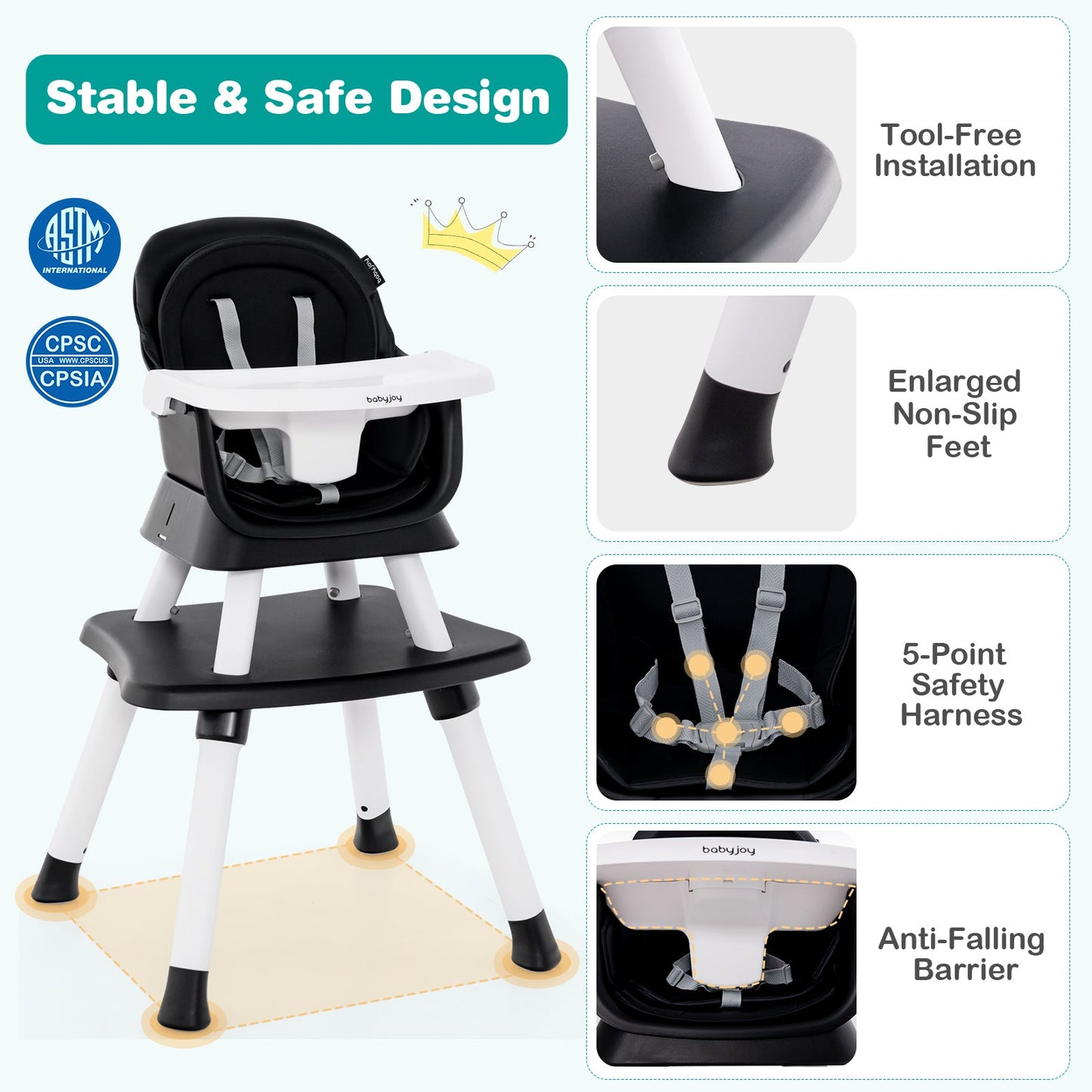 6-in-1 Convertible Baby High Chair - Black