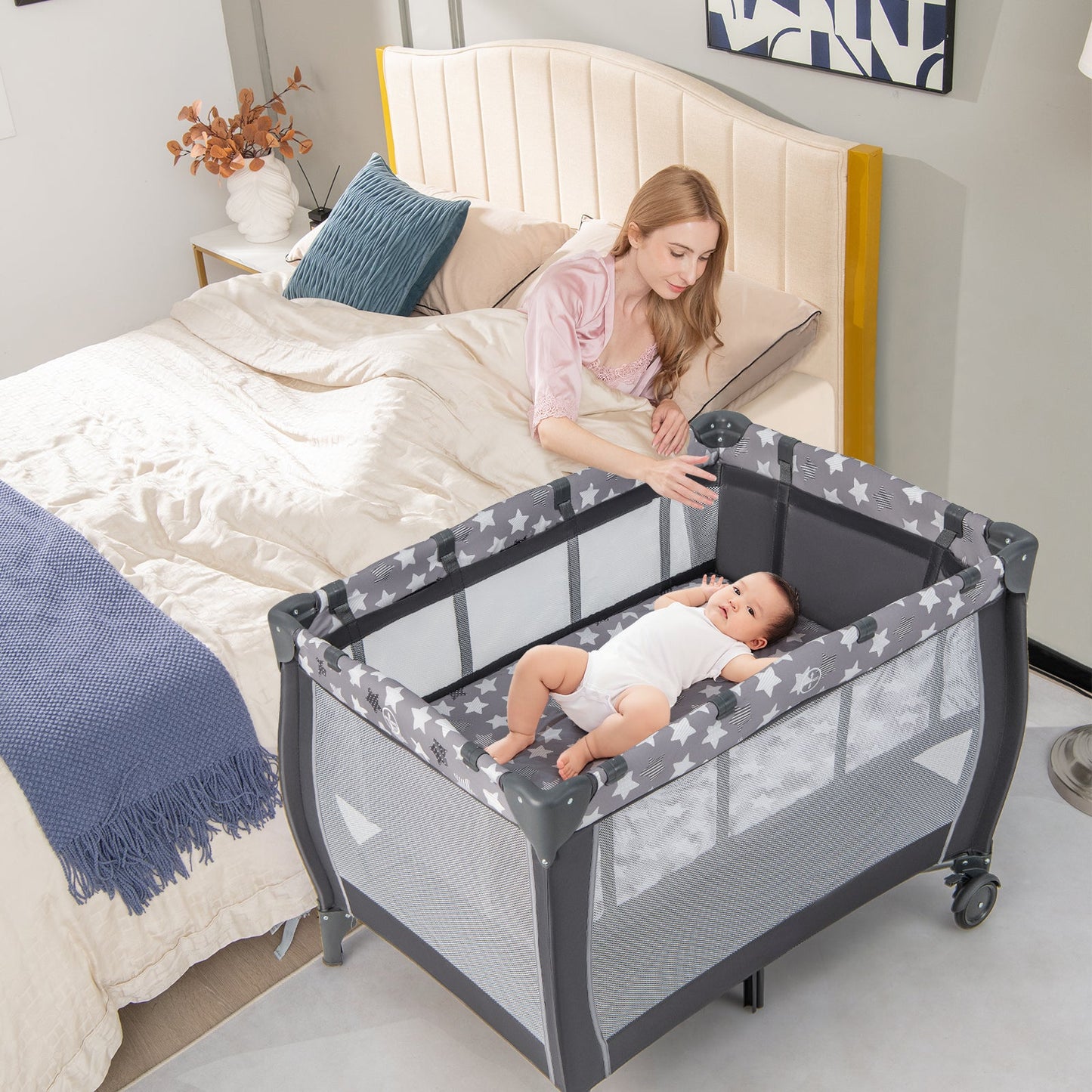 Gbruno Portable Baby Playard with Changing Table & Music Box - Gray