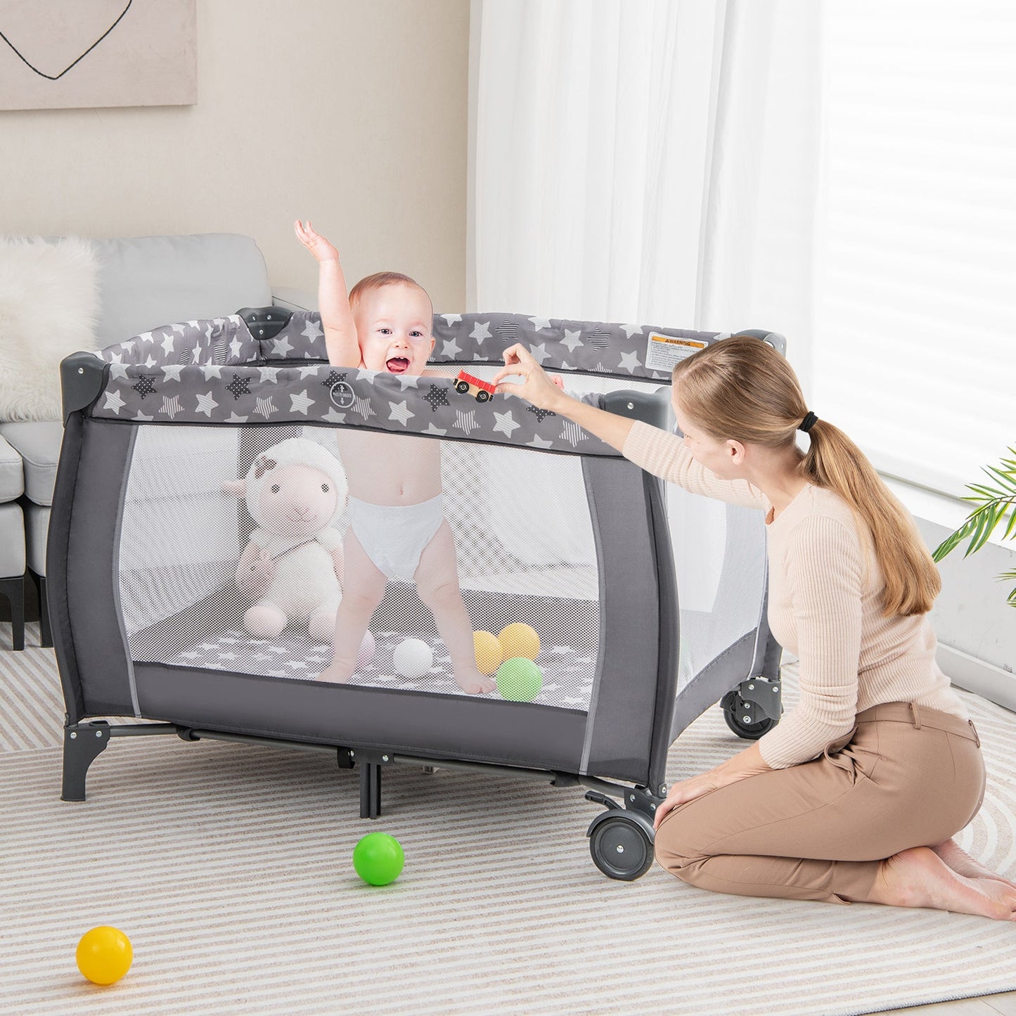 Gbruno Portable Baby Playard with Changing Table & Music Box - Gray