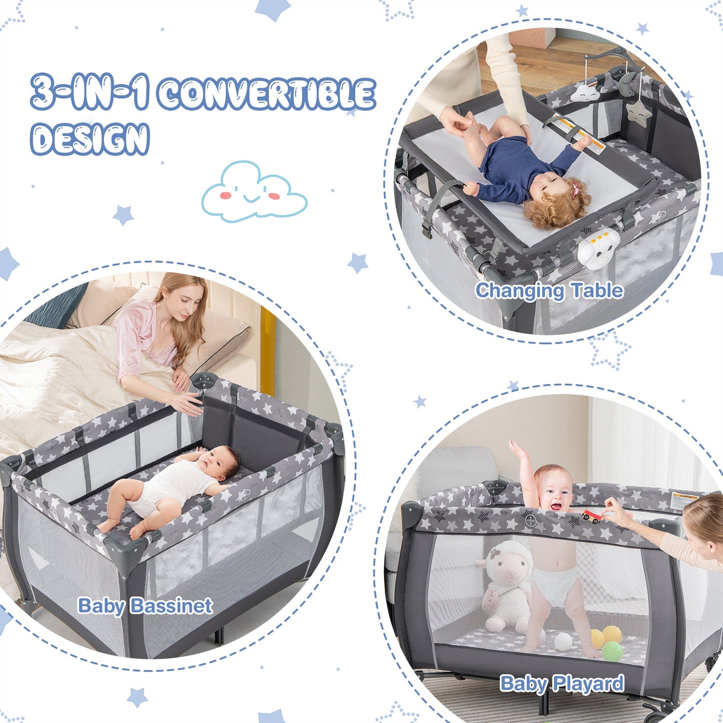 Gbruno Portable Baby Playard with Changing Table & Music Box - Gray