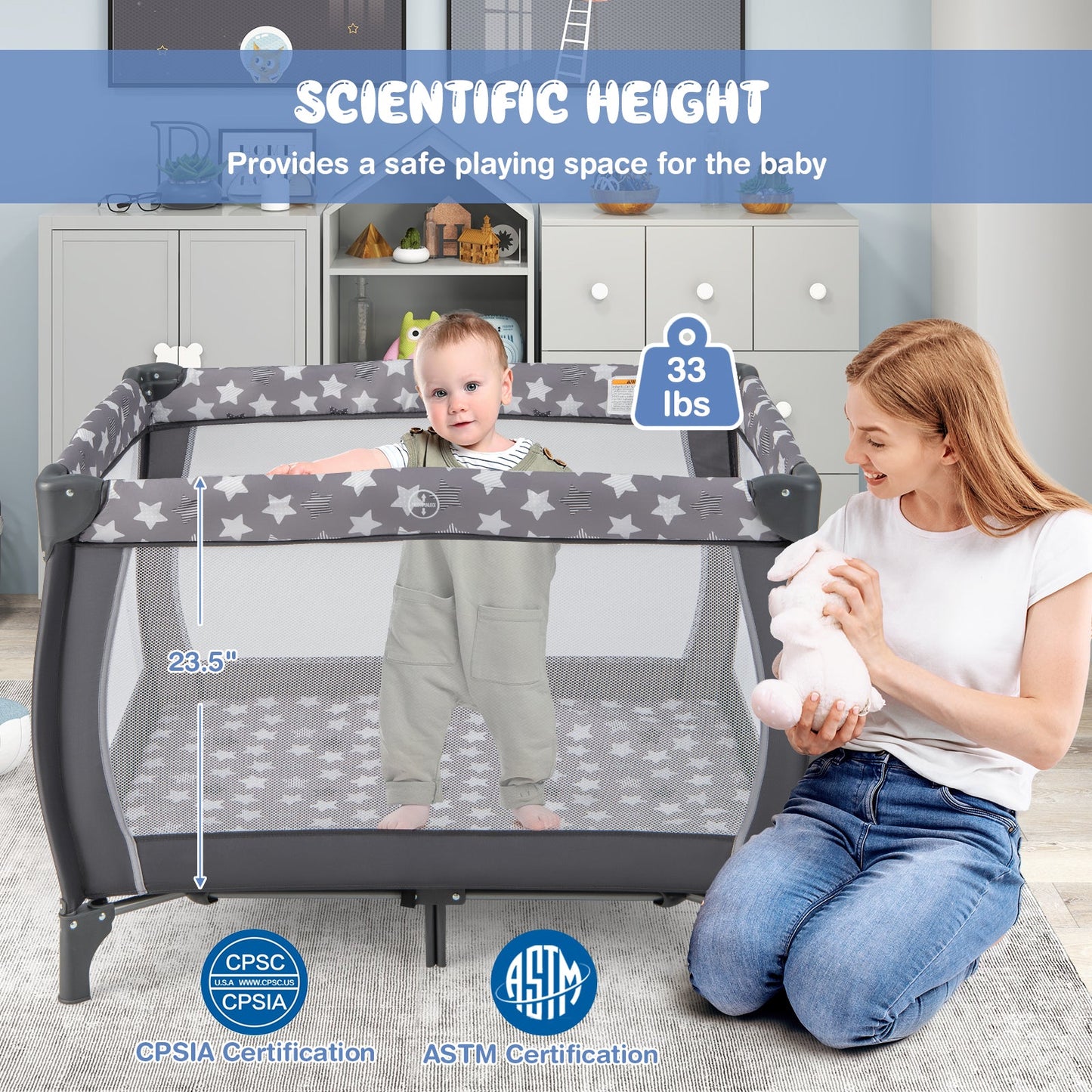 Gbruno Portable Baby Playard with Changing Table & Music Box - Gray