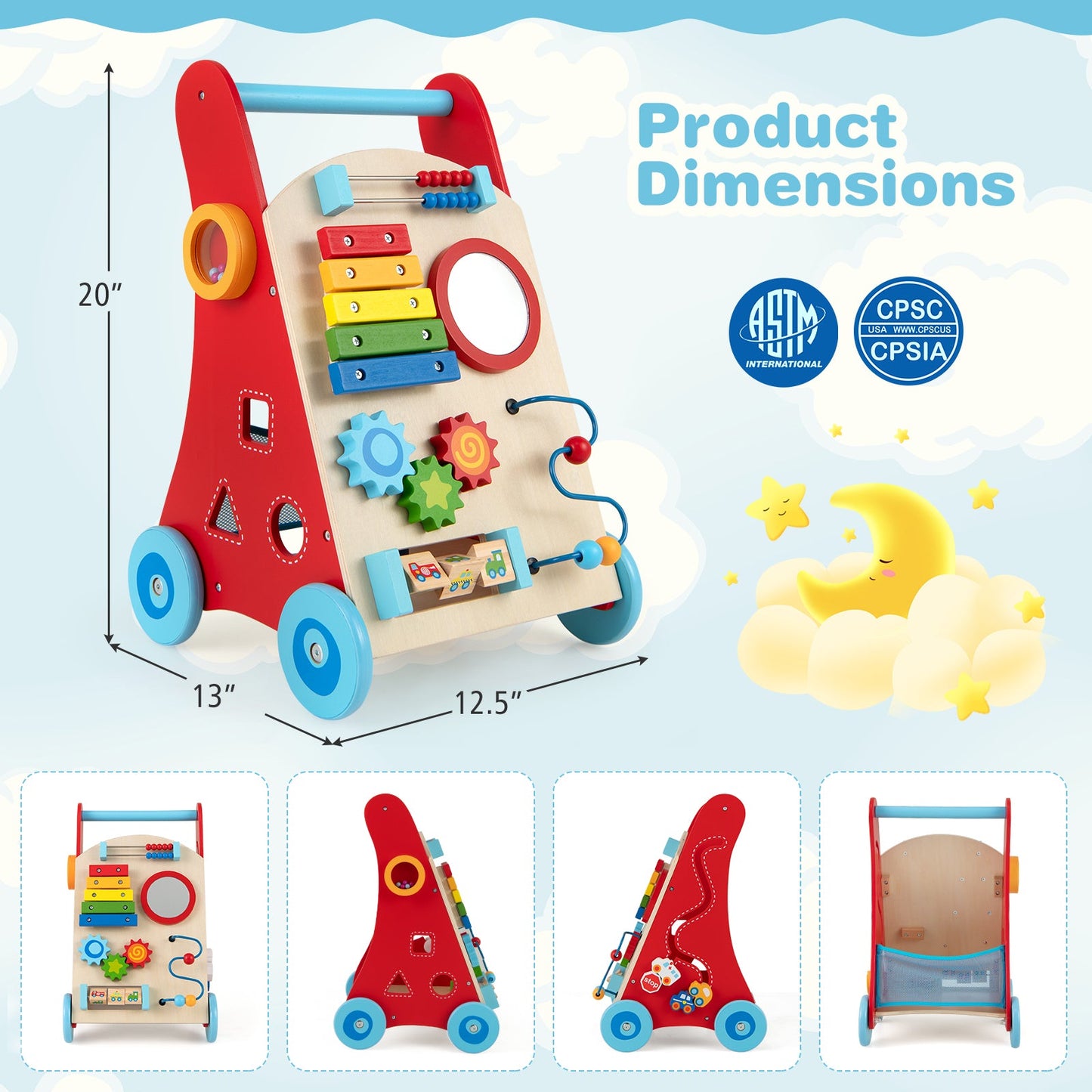 Andador Multicolor para Bebés con Mango y Ruedas para Niños de 3 años en adelante