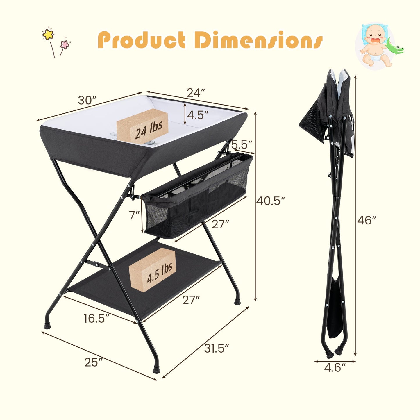 Gbruno Folding Diaper Changing Table - Black