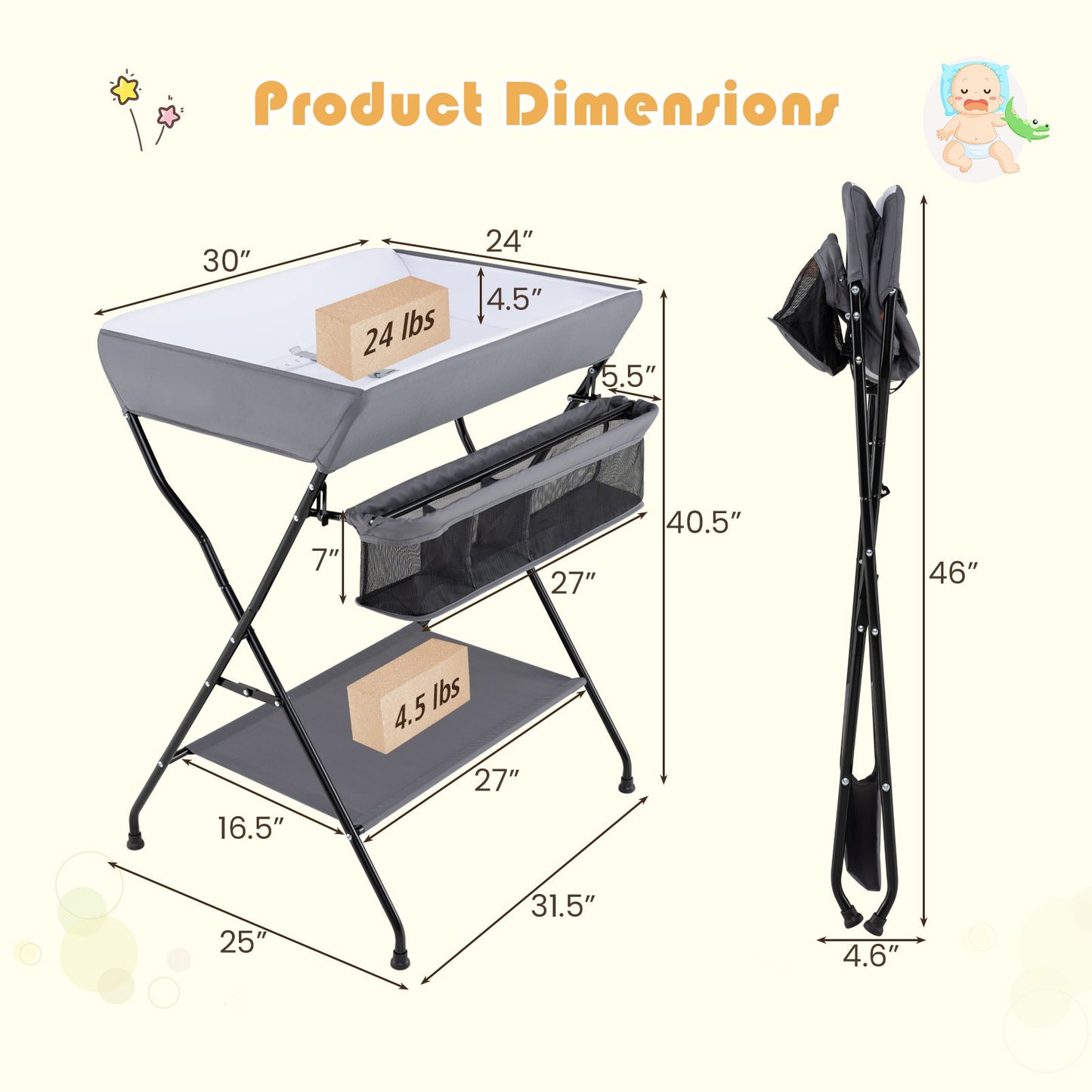 Premium Folding Diaper Changing Table - Gray