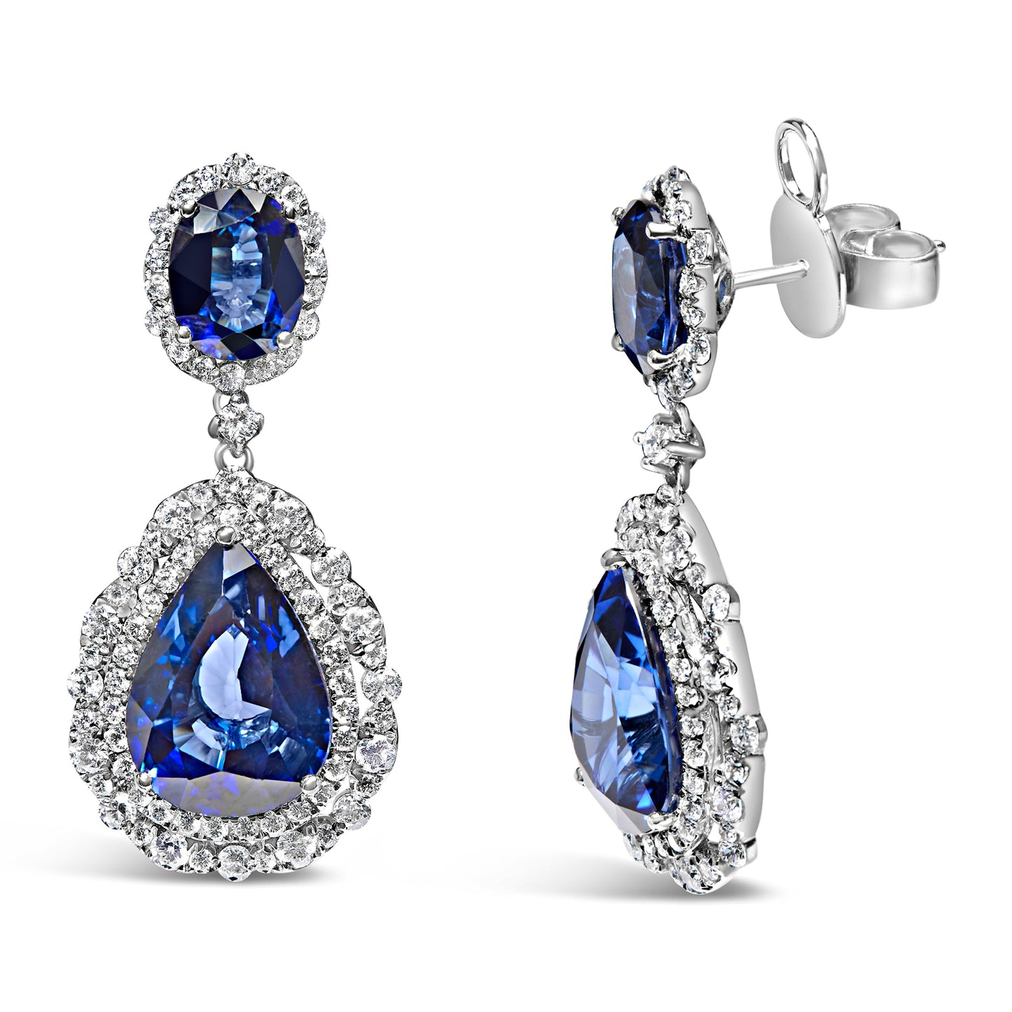 Boucles d'oreilles pendantes en or blanc 18K avec saphirs bleus et halo de diamants