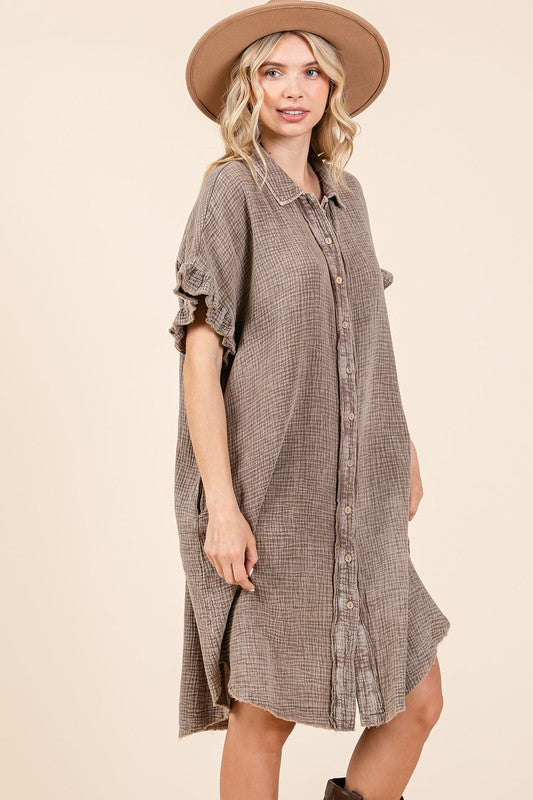 Mineral Wash Cotton Gauze Mini Shirt Dress for Women