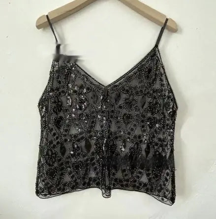 Haut à bretelles brodé de sequins et perles pour femmes
