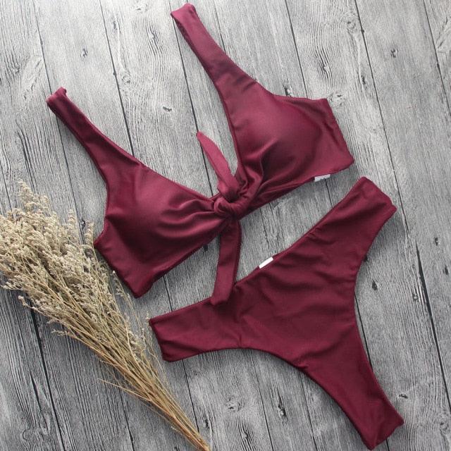 Ribbed Tie Side Classic Bikini Set for Women