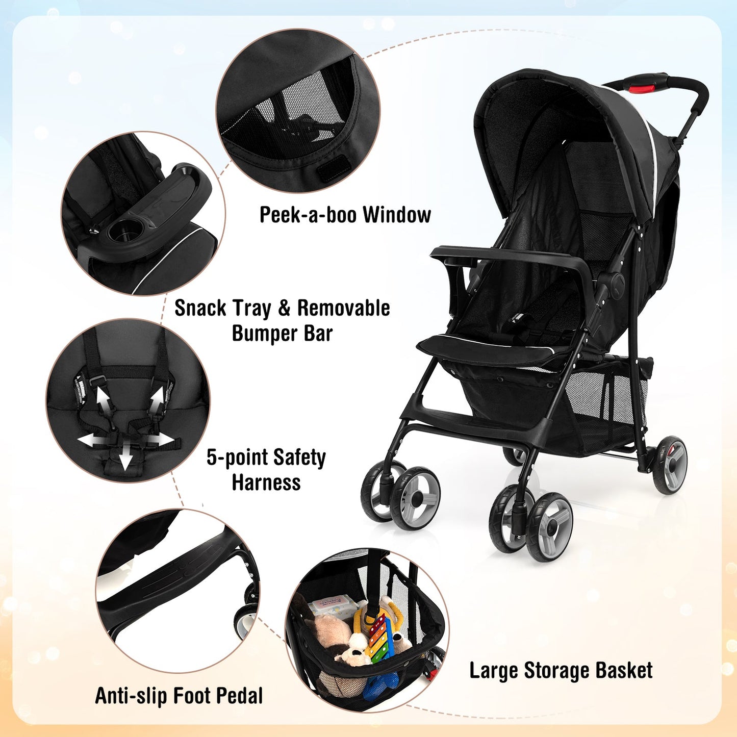 Carrito de Viaje Premium para Niños Pequeños con Capota - Negro