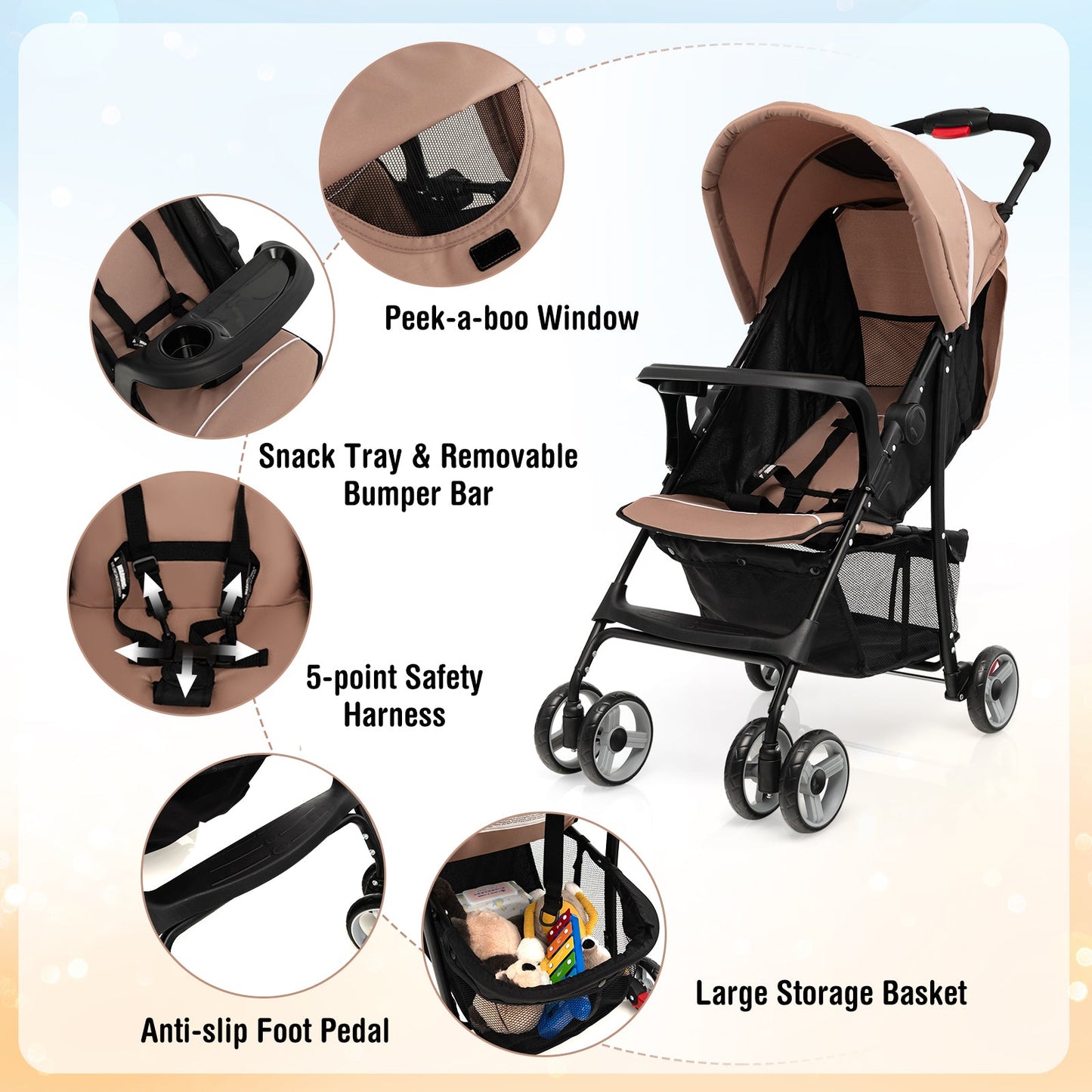 Carrito de Viaje Premium para Niños Pequeños con Capota - Café