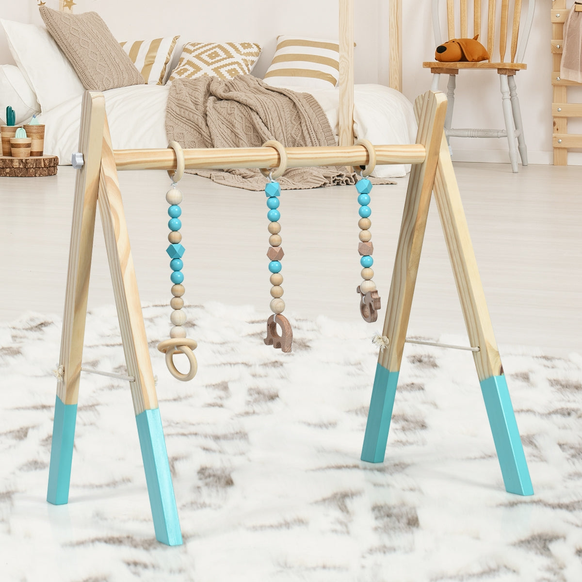 Gimnasio de Actividades para Bebés de Madera Portátil con Juguetes para la Dentición - Azul