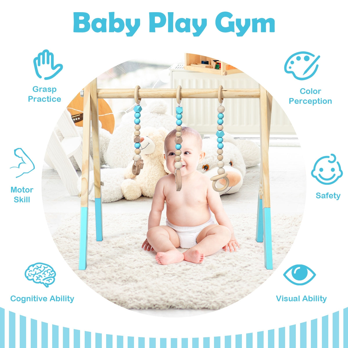 Gimnasio de Actividades para Bebés de Madera Portátil con Juguetes para la Dentición - Azul