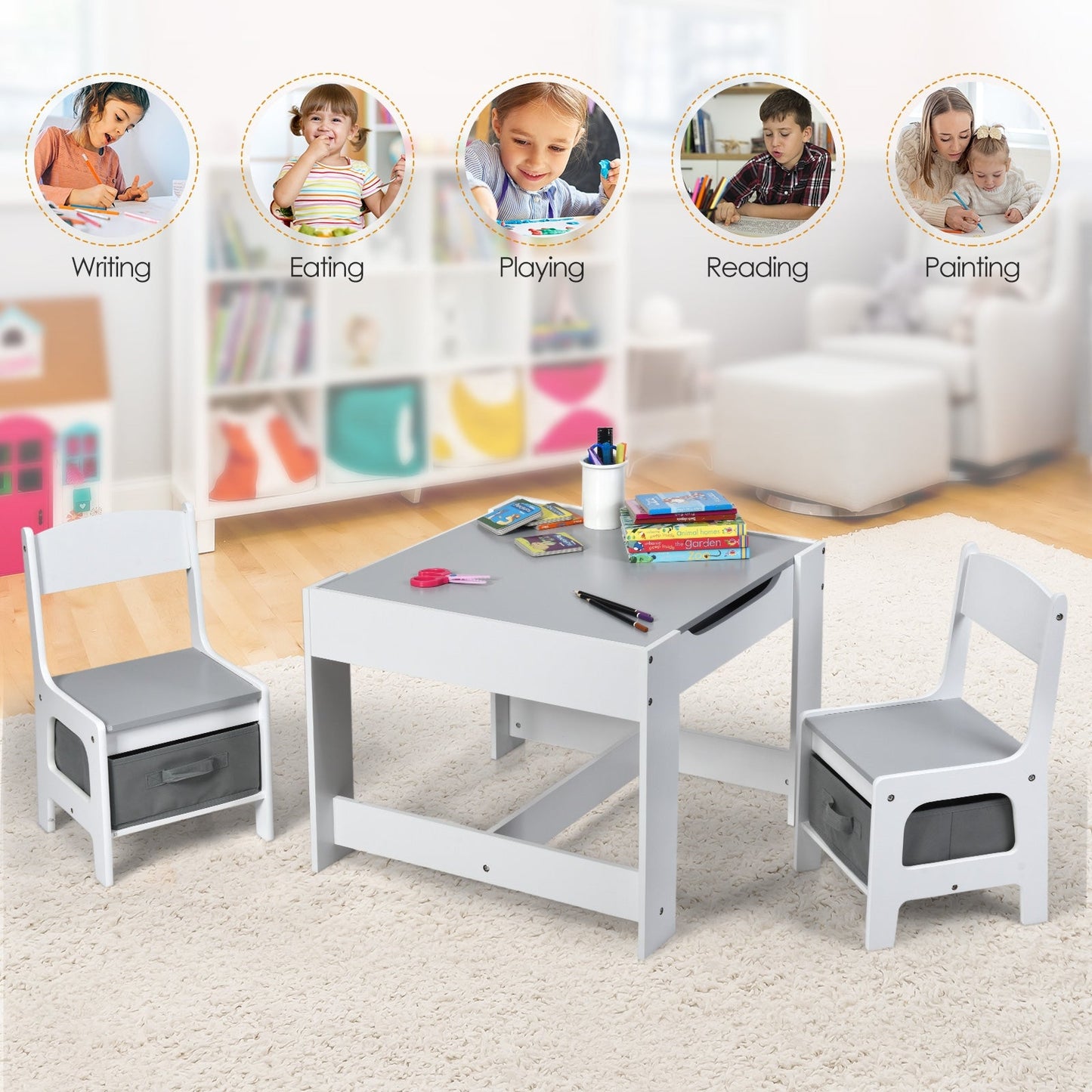 Juego de Mesa y Sillas para Niños con Almacenamiento y Pizarra