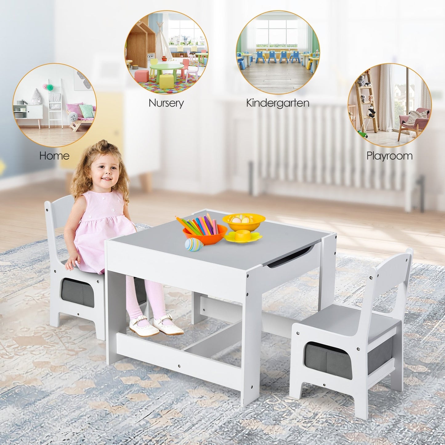 Juego de Mesa y Sillas para Niños con Almacenamiento y Pizarra