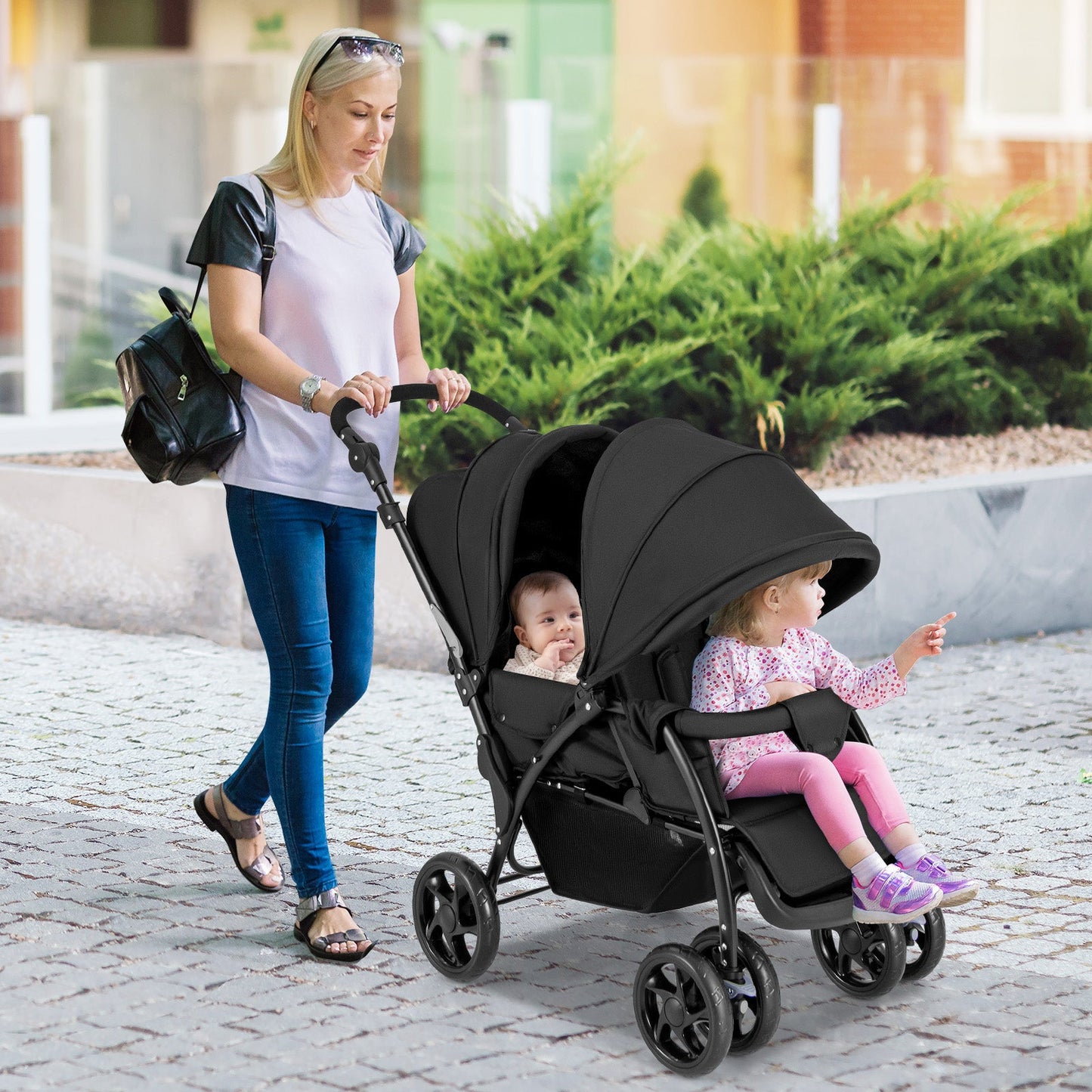 Foldable Lightweight Double Baby Stroller - Black