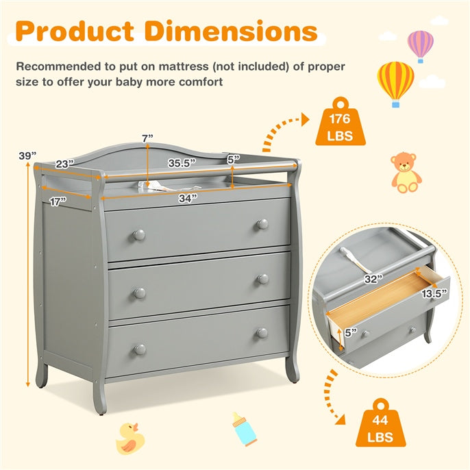 Premium Baby Changing Table with 3 Drawers - Gray