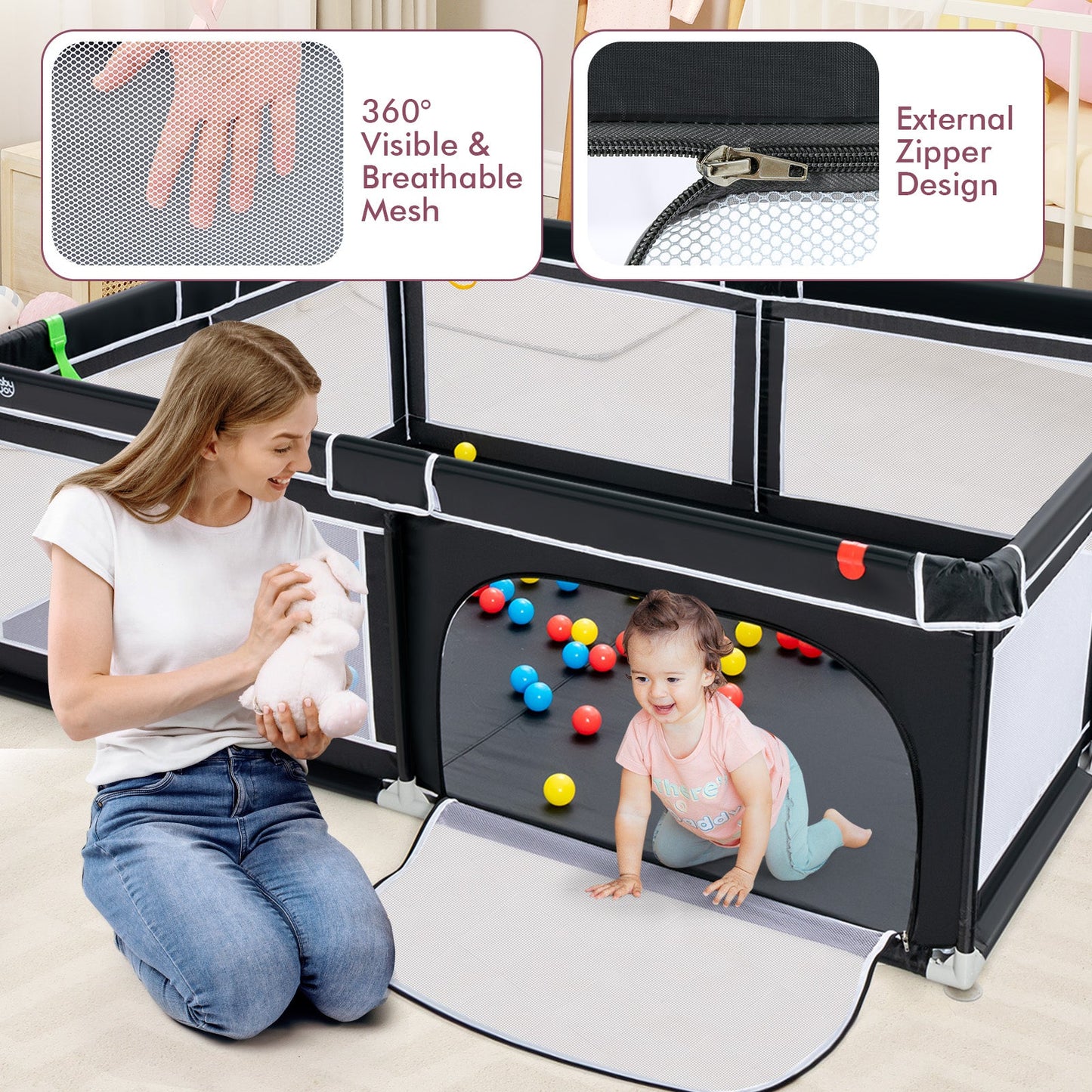 Portable Baby Playpen with Ocean Balls - 81 x 59 Inch