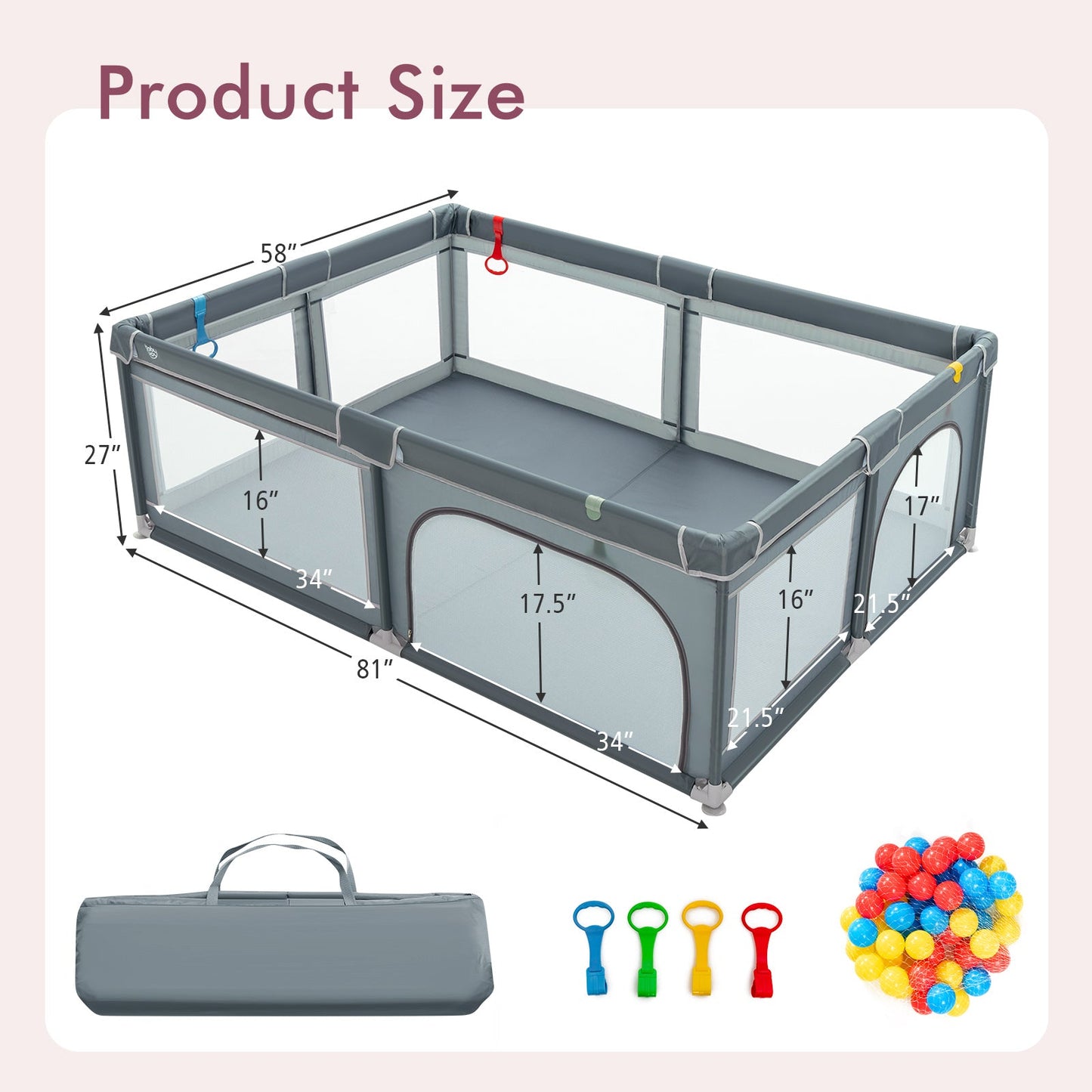 Portable Extra-Large Safety Baby Playpen with Ocean Balls - Gray