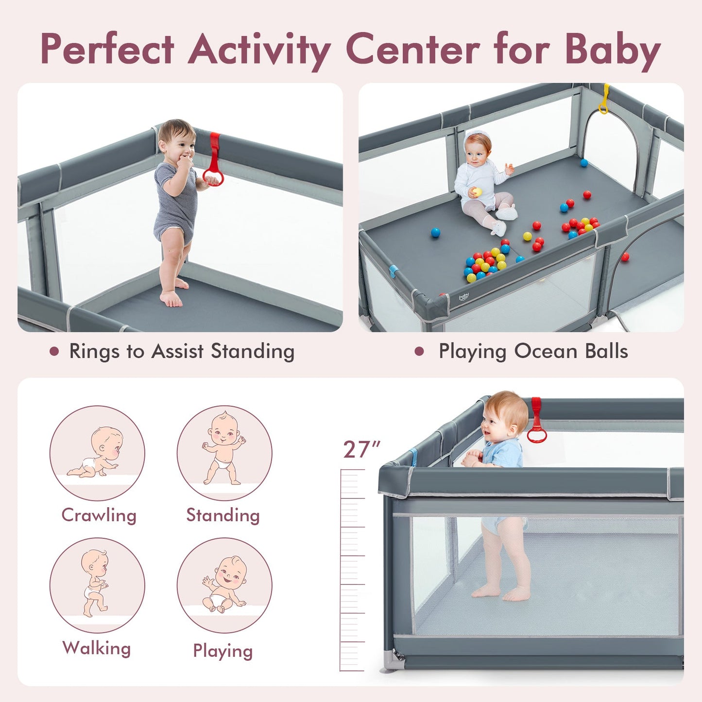Portable Extra-Large Safety Baby Playpen with Ocean Balls - Gray