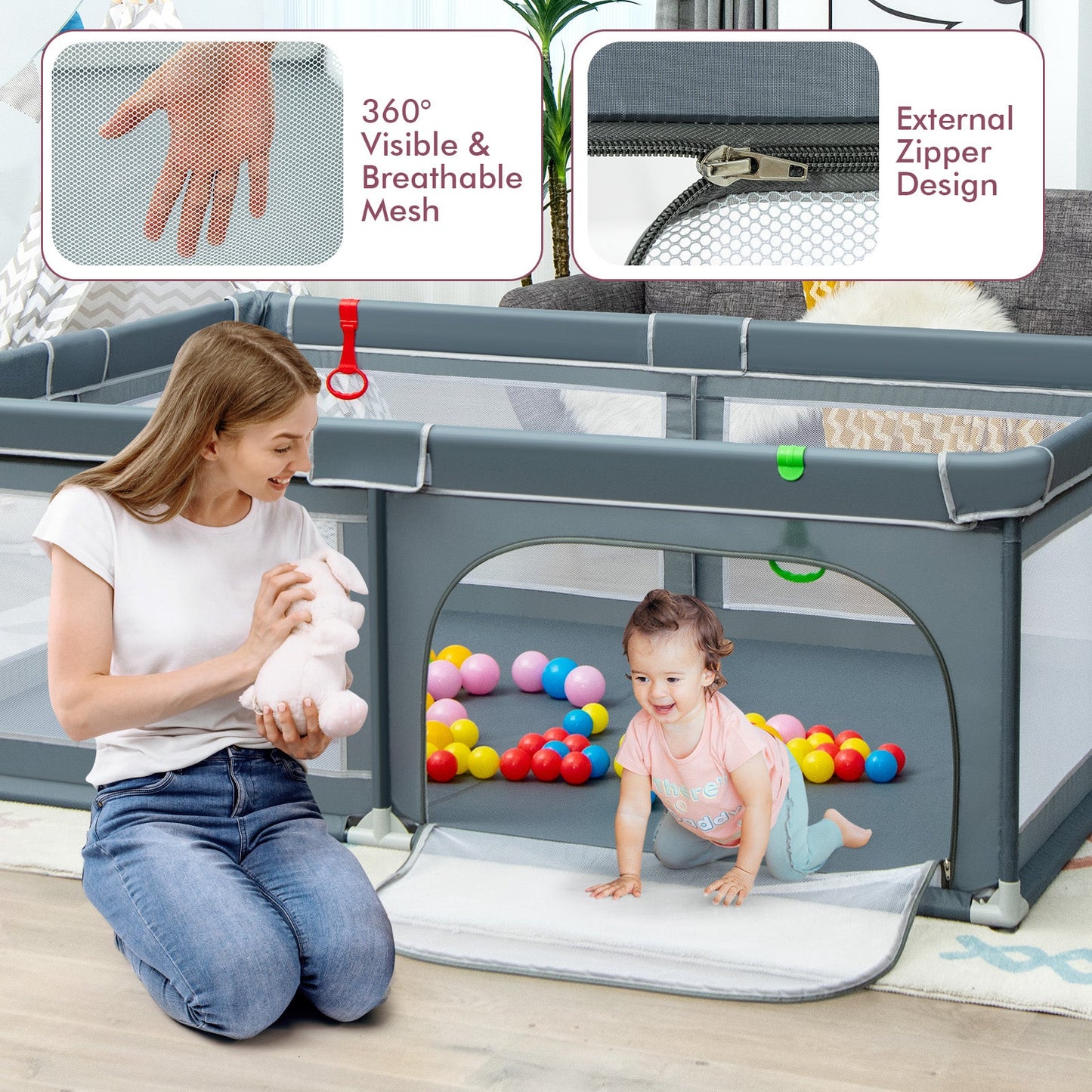 Portable Extra-Large Safety Baby Playpen with Ocean Balls - Gray