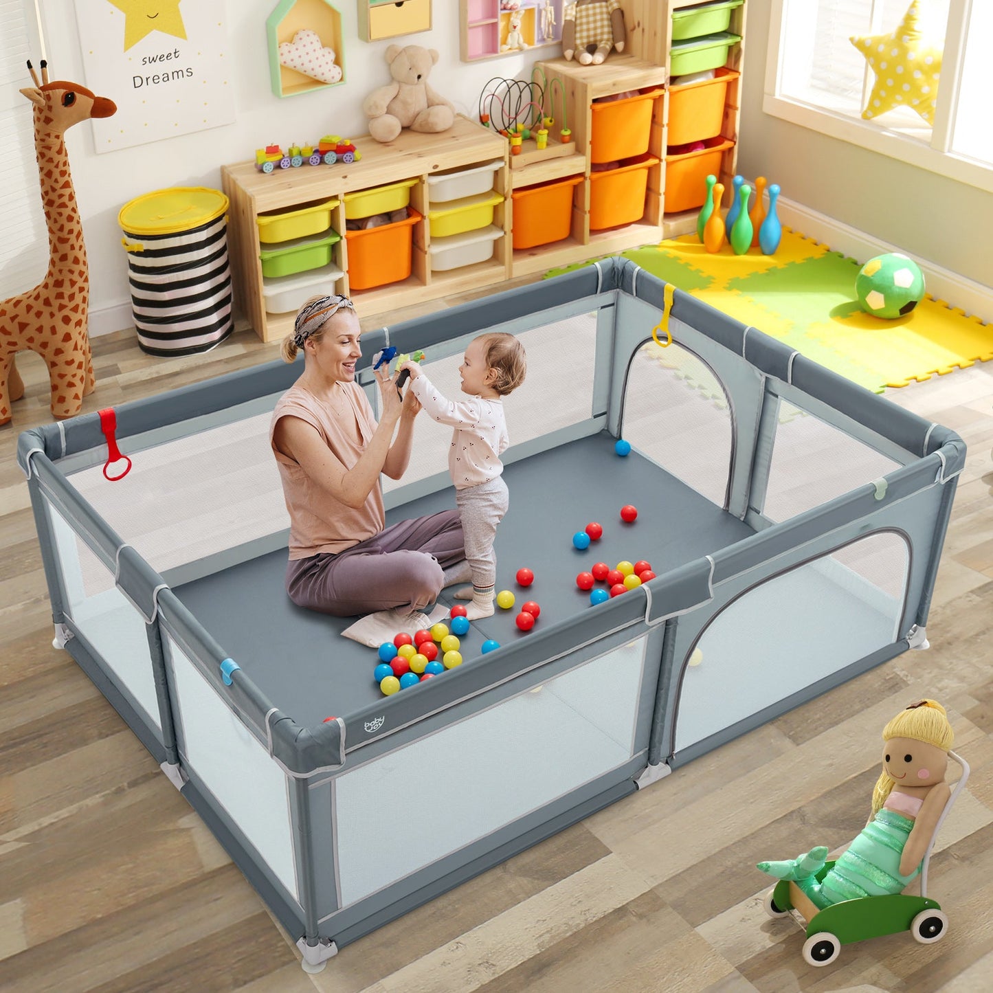 Portable Extra-Large Safety Baby Playpen with Ocean Balls - Gray