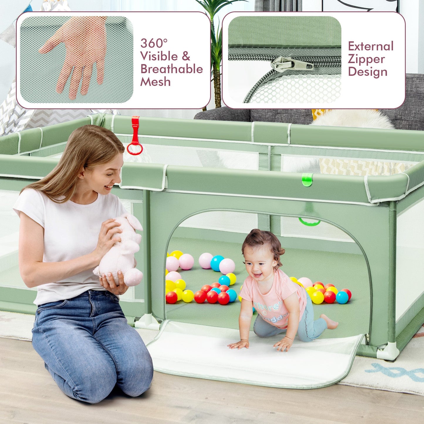 Extra-Large Safety Baby Fence with Ocean Balls - Green