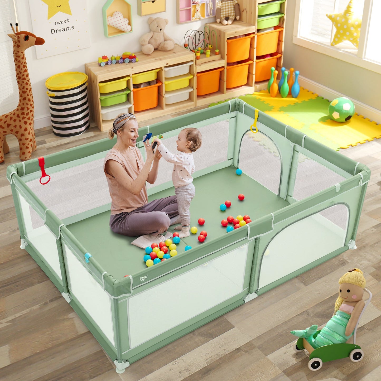 Extra-Large Safety Baby Fence with Ocean Balls - Green