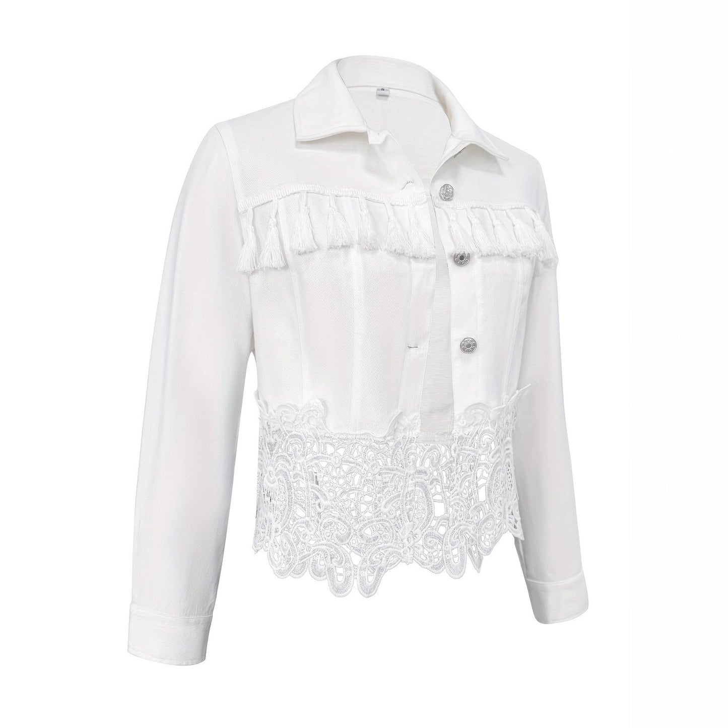 Abrigo de mujer con cuello, dobladillo, diseño de calado y flecos