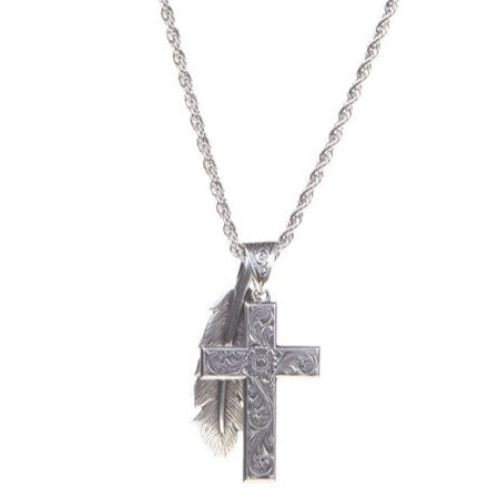 Elegant Silver Cross and Feather Necklace - Korvel