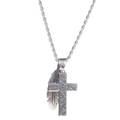Elegant Silver Cross and Feather Necklace - Korvel