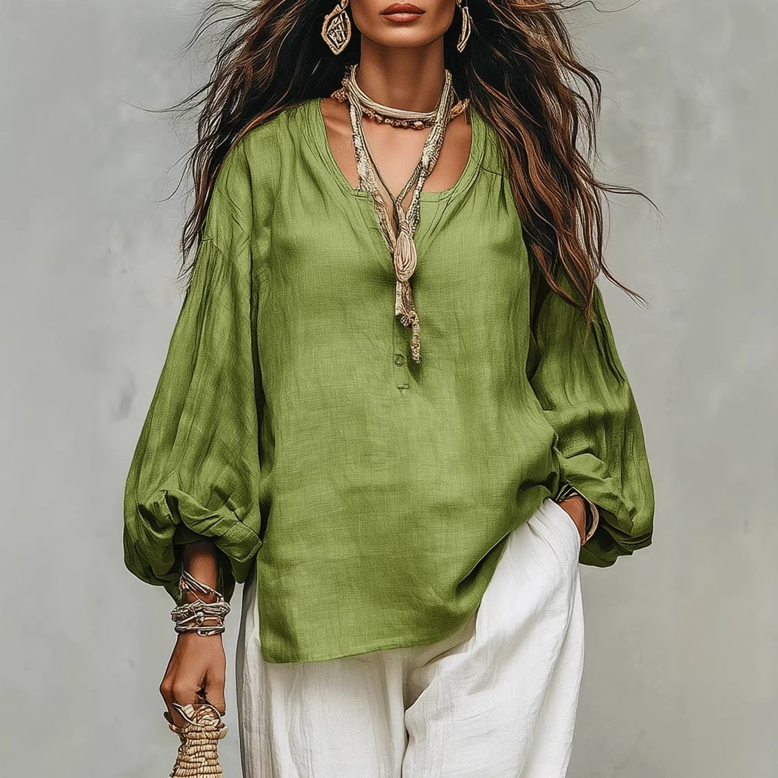 Retro Solid-Color Loose-Fit Casual Half-Collar Long Sleeve Shirt