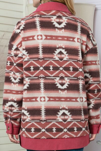 Retro Geometric Print Corduroy Trim Button-Up Jacket