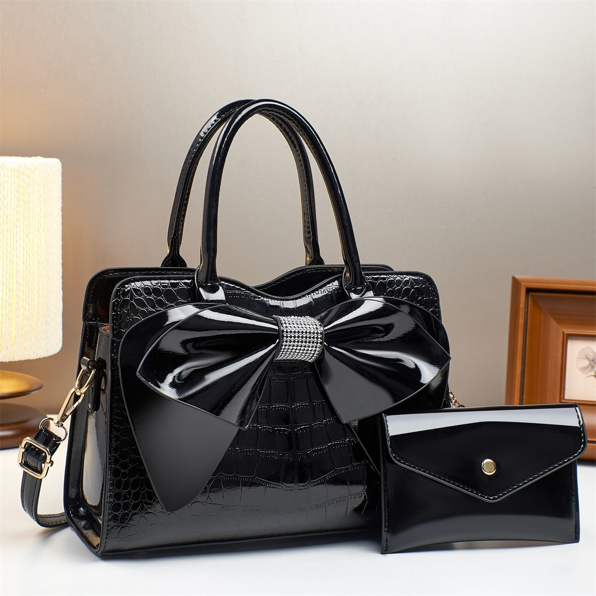 Sac seau à nœud en imprimé crocodile - Cuir verni brillant