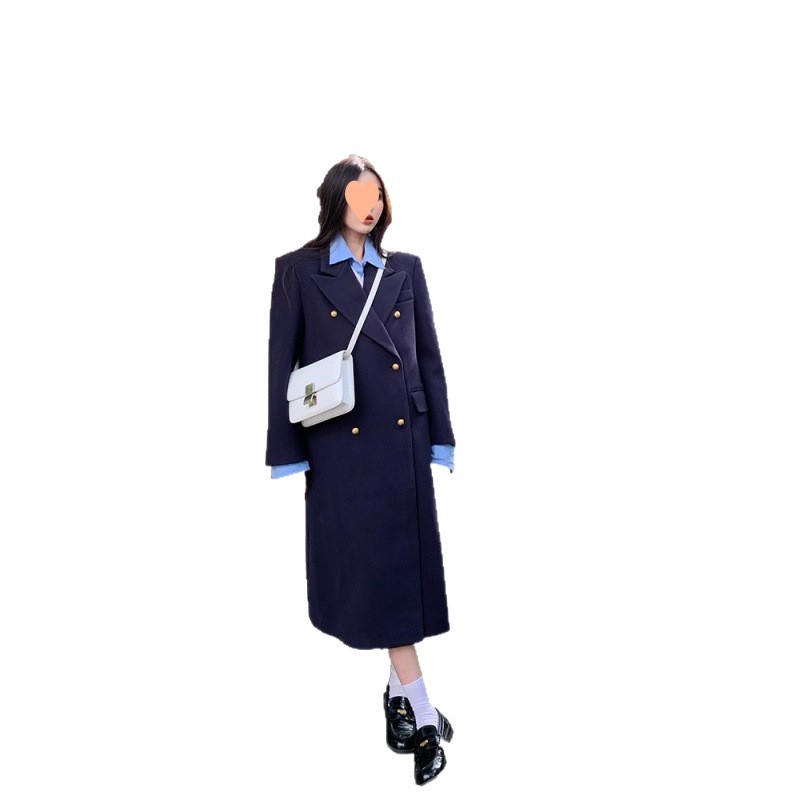 Navy Blue Women's Structured Wool Coat with Elegant Design