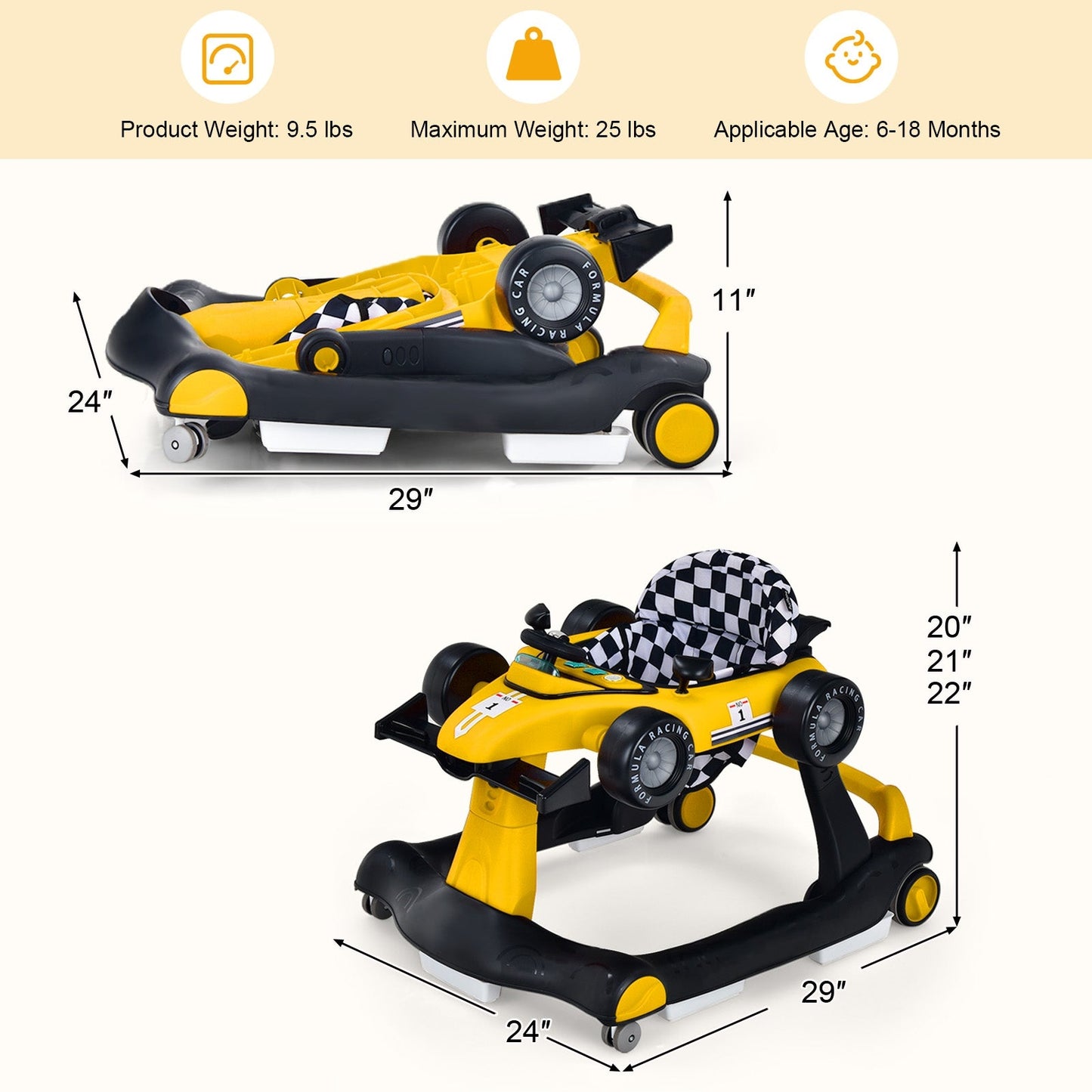 4-in-1 Foldable Activity Push Walker - Yellow