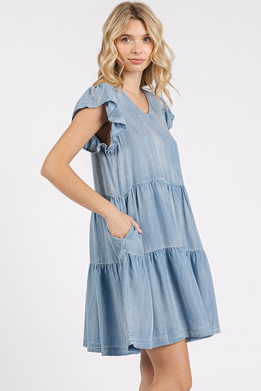 Elegant V-Neck Ruffled Cap Sleeve Mini Dress for Women