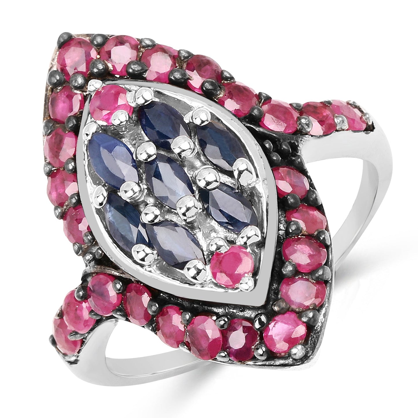 Bague de fiançailles en argent sterling avec saphir bleu et rubis de 1,77 carat