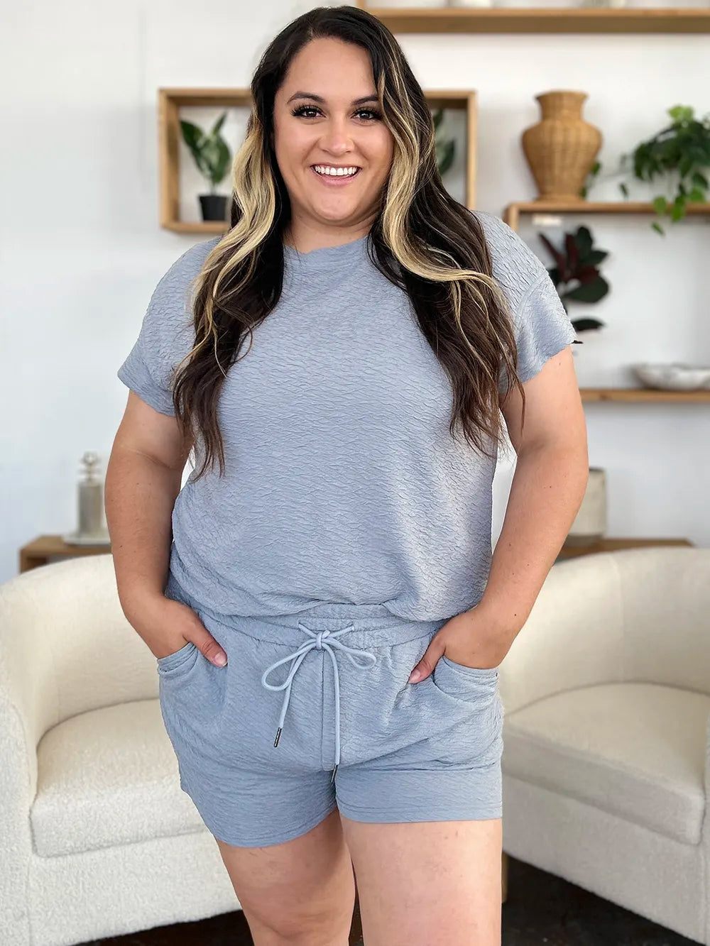 Double Take Full Size Texture T-Shirt and Shorts Set