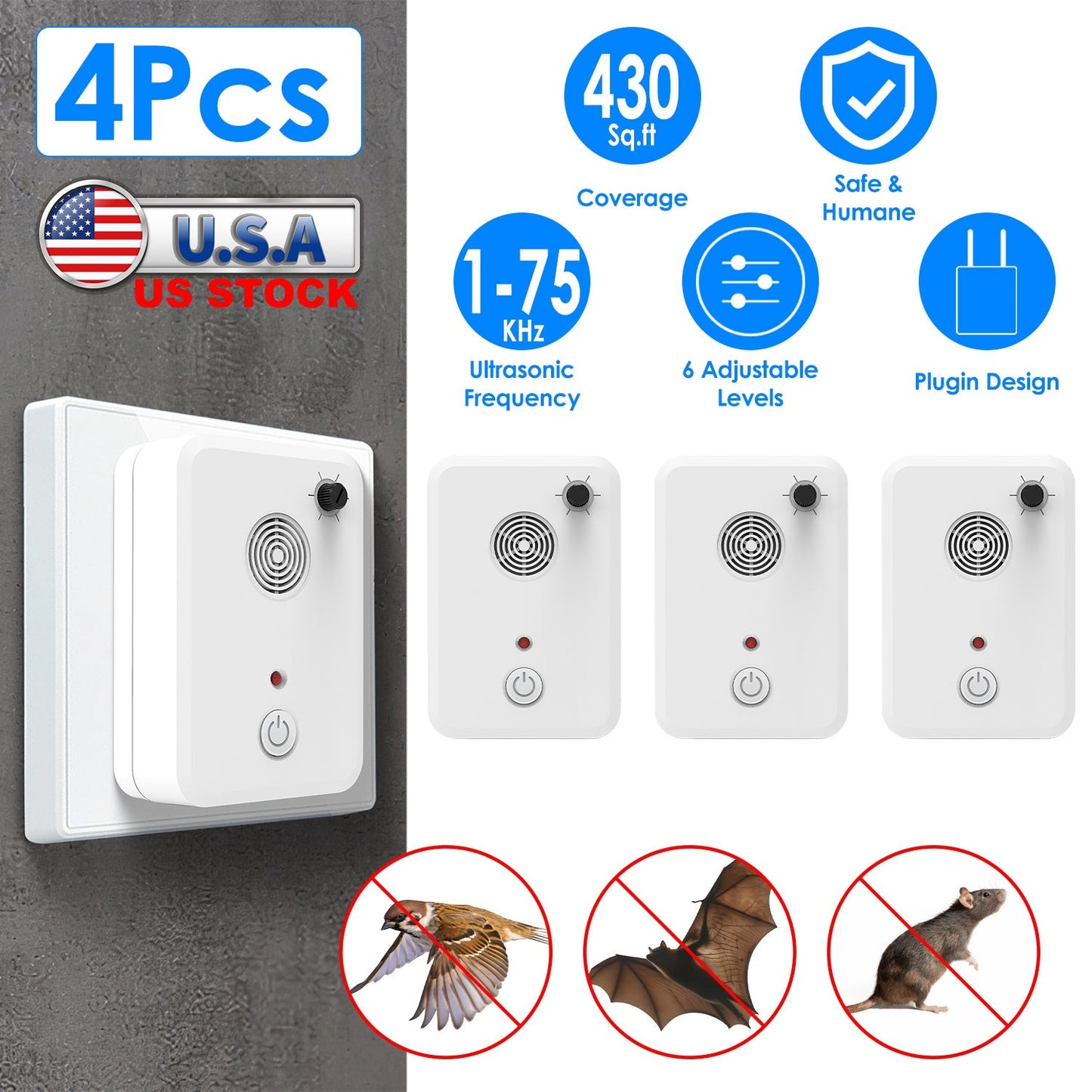 4-Pack Ultrasonic Bat & Pest Repellent Device