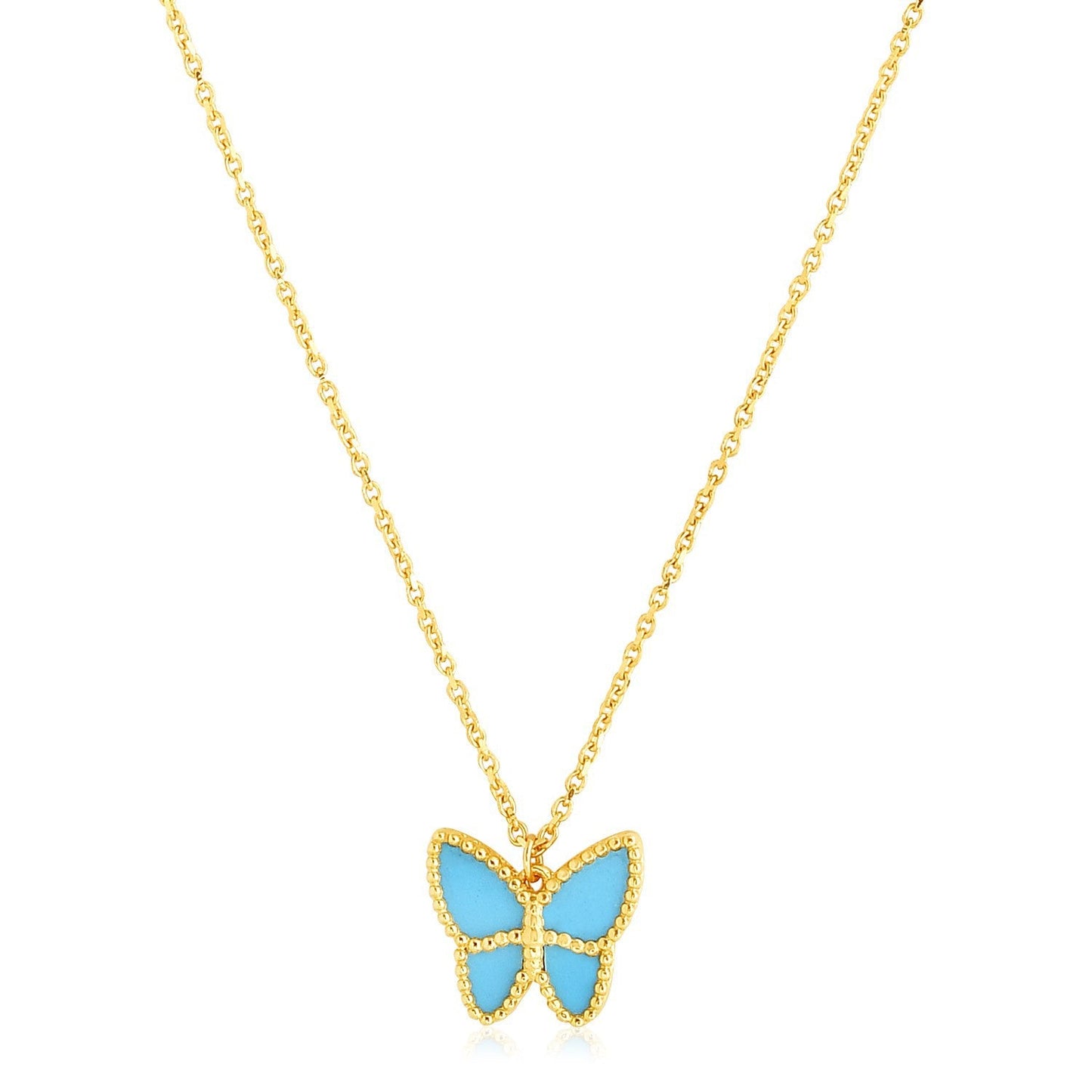 14k Yellow Gold High Polish Butterfly Necklace with Turquoise Paste