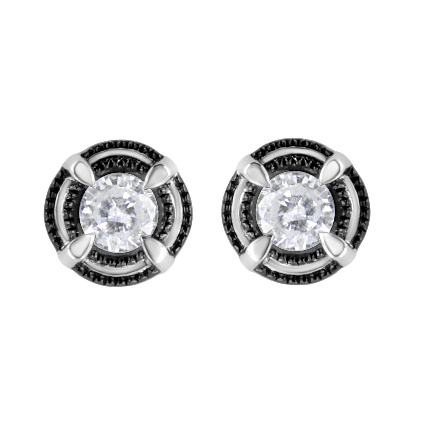 Pendientes de Stud con Halo de Diamantes en Plata Esterlina Baño de Rodio Negro