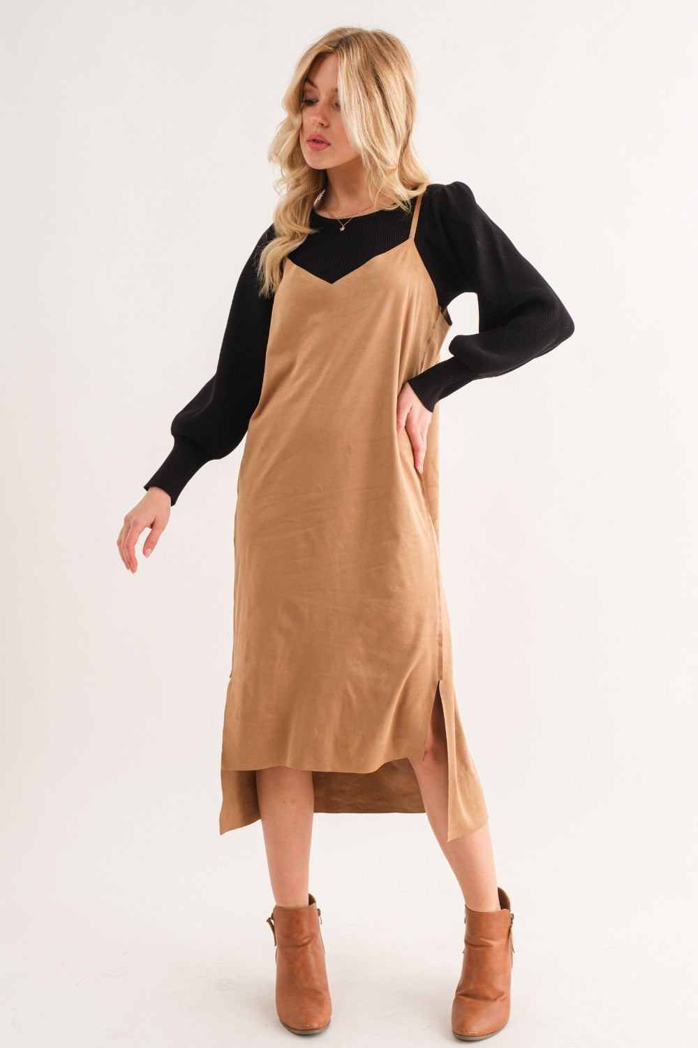 Chic Faux Suede Slit Midi Dress – Elegant Cami Dress for Every Occasion - Korvel
