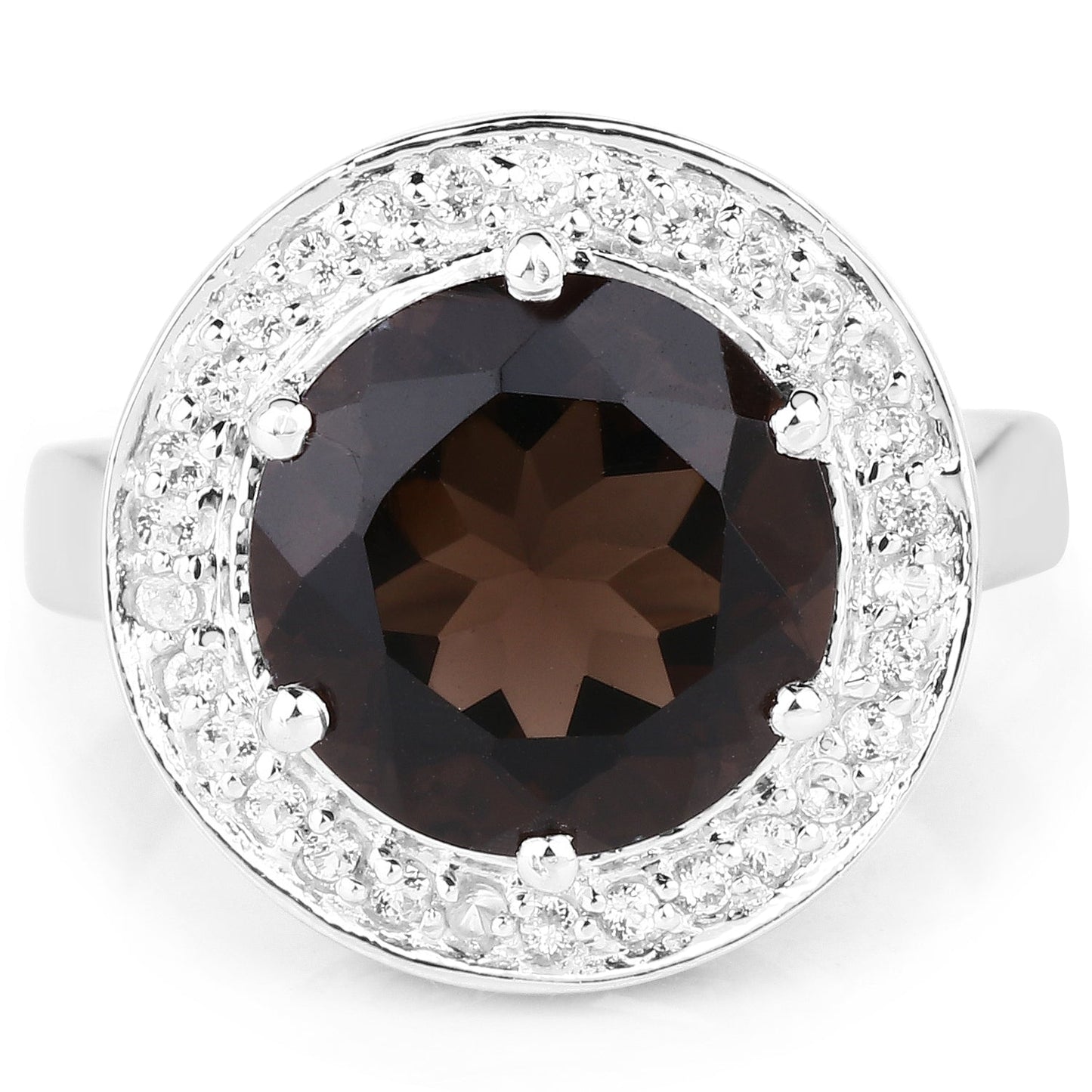 Anillo de Plata Esterlina con Cuarzo Ahumado de 4.52 Quilates y Topacio Blanco